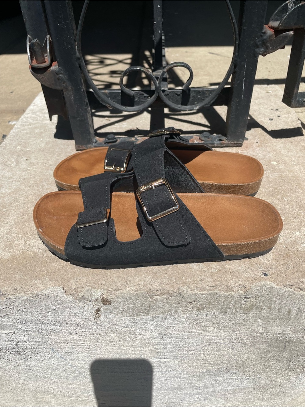 Black Double-Buckle Slide Sandals with Gold Hardware